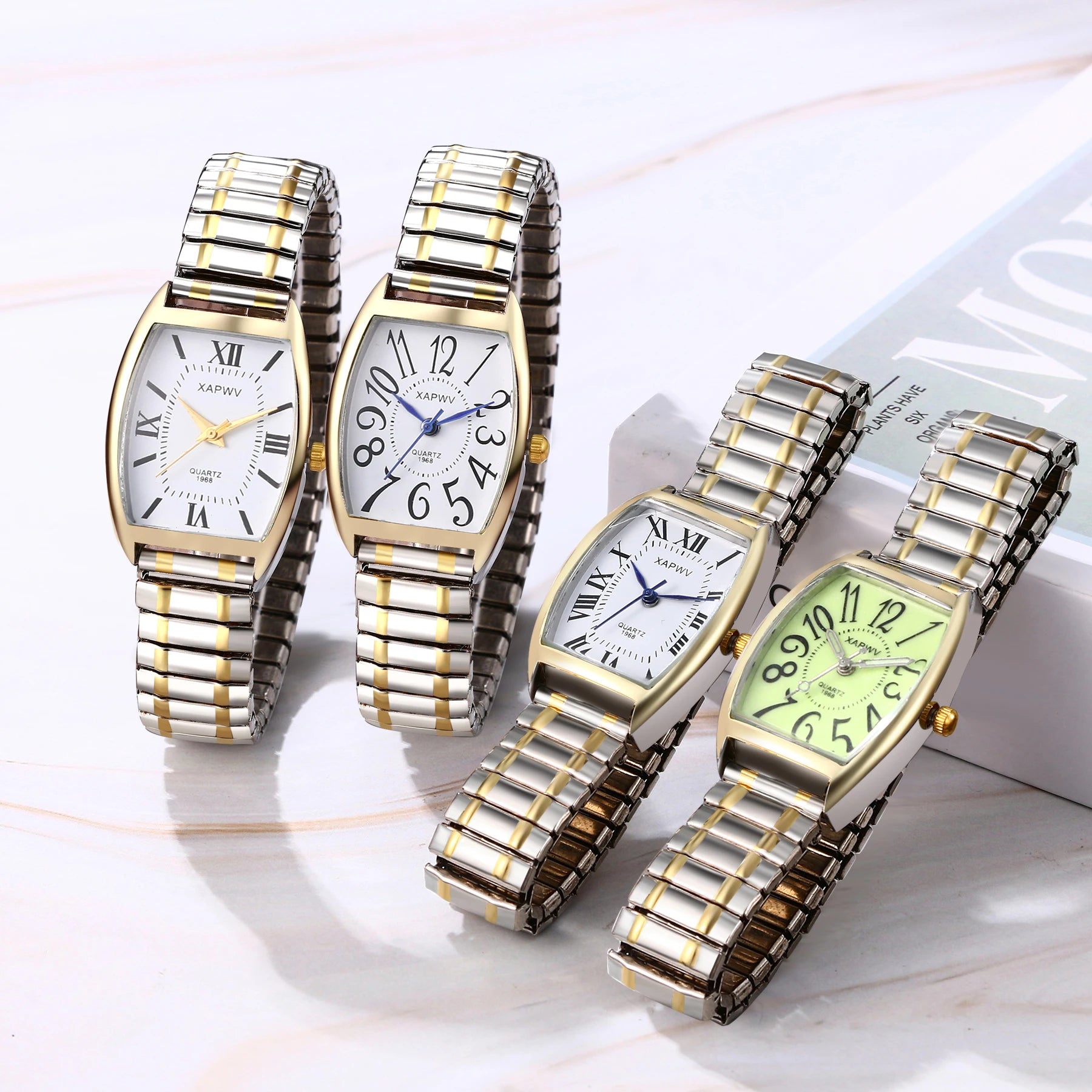 Montre femme rectangulaire – Bracelet rigide élastique, quartz – Plusieurs coloris