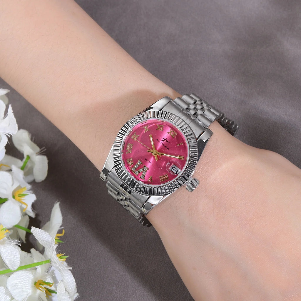 Montre femme – Cadran rose, acier, quartz