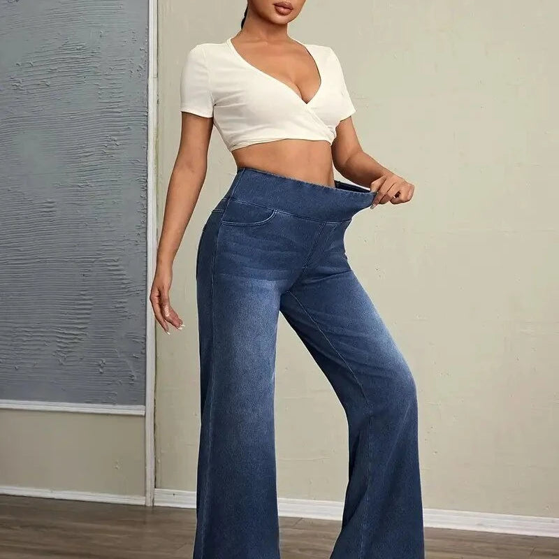 Jean droit femme Taille élastique haute, coupe loose, extensible