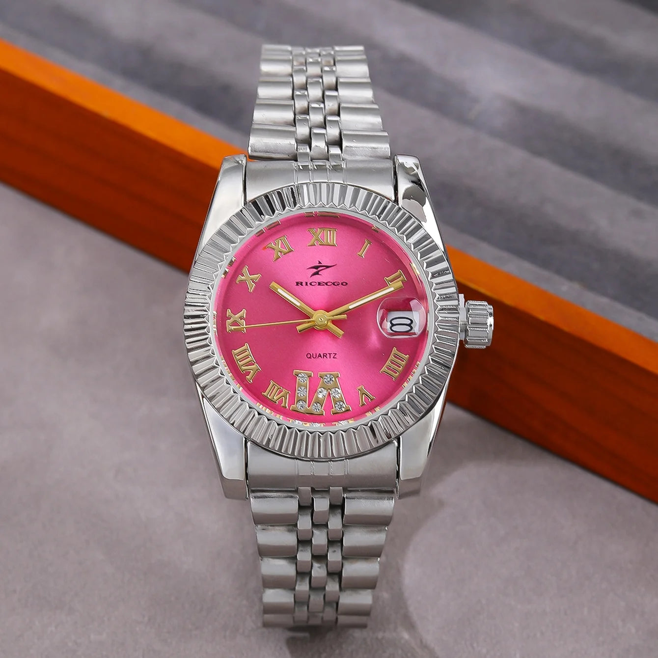 Montre femme – Cadran rose, acier, quartz