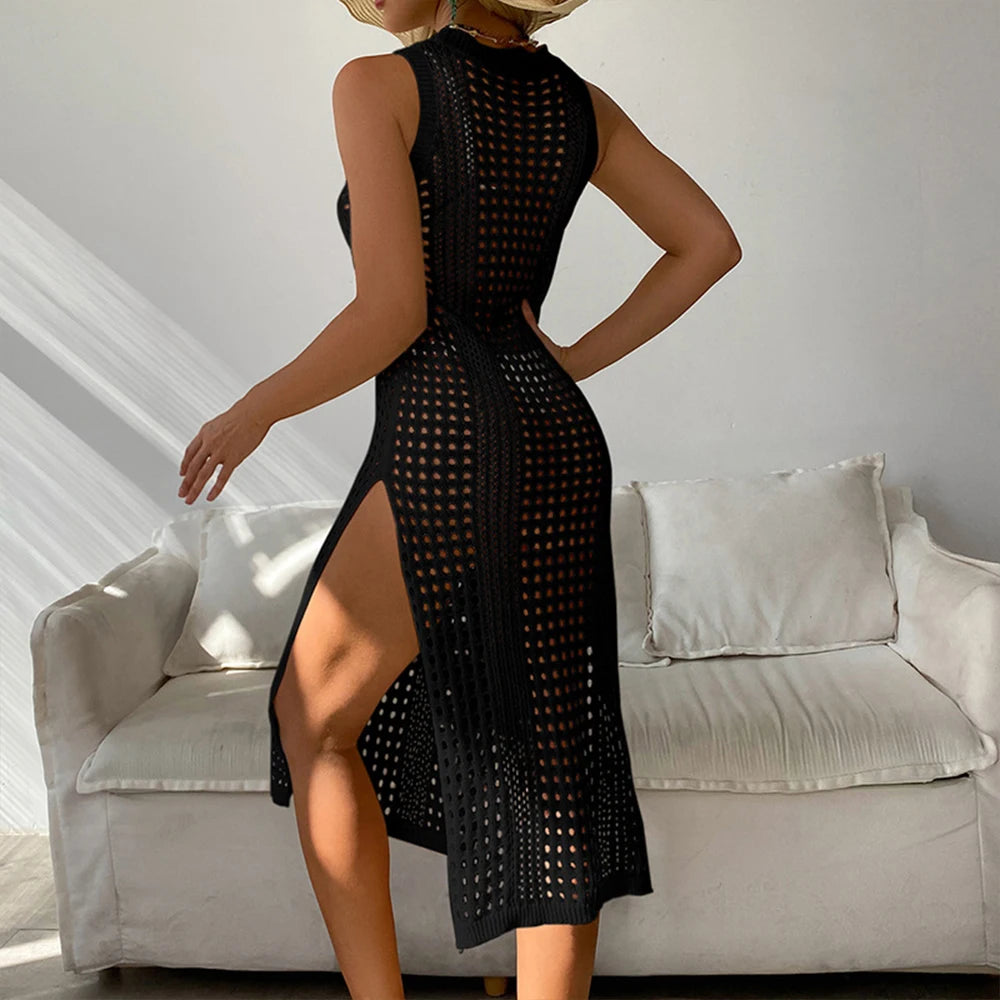 Robe de plage – Crochet Ajouré Sans Manches À Fente Latérale -Plusieurs coloris