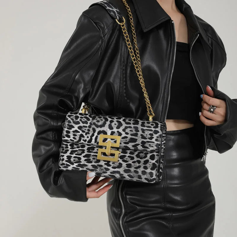 Pochette femme imprimé léopard – Cuir PU, chaîne décorative 3 coloris