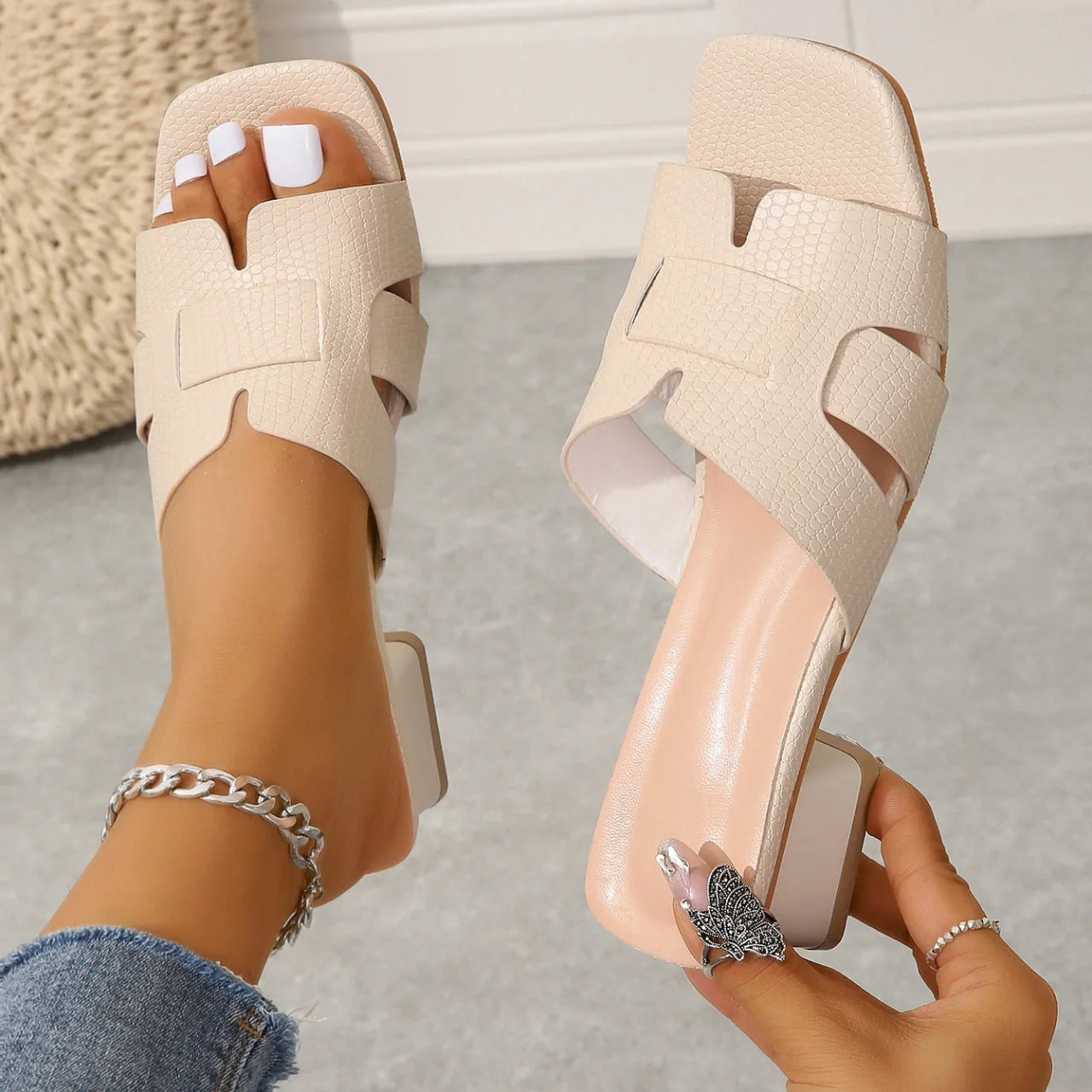Sandales mules femme – Bout ouvert, talon carré, style rétro, plage été- 3 coloris