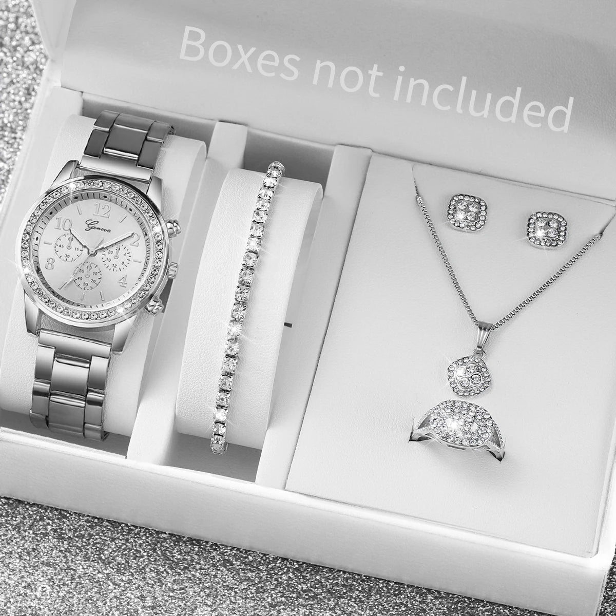 Coffret montre et bijoux femme – 6 pièces, quartz, strass – Plusieurs coloris