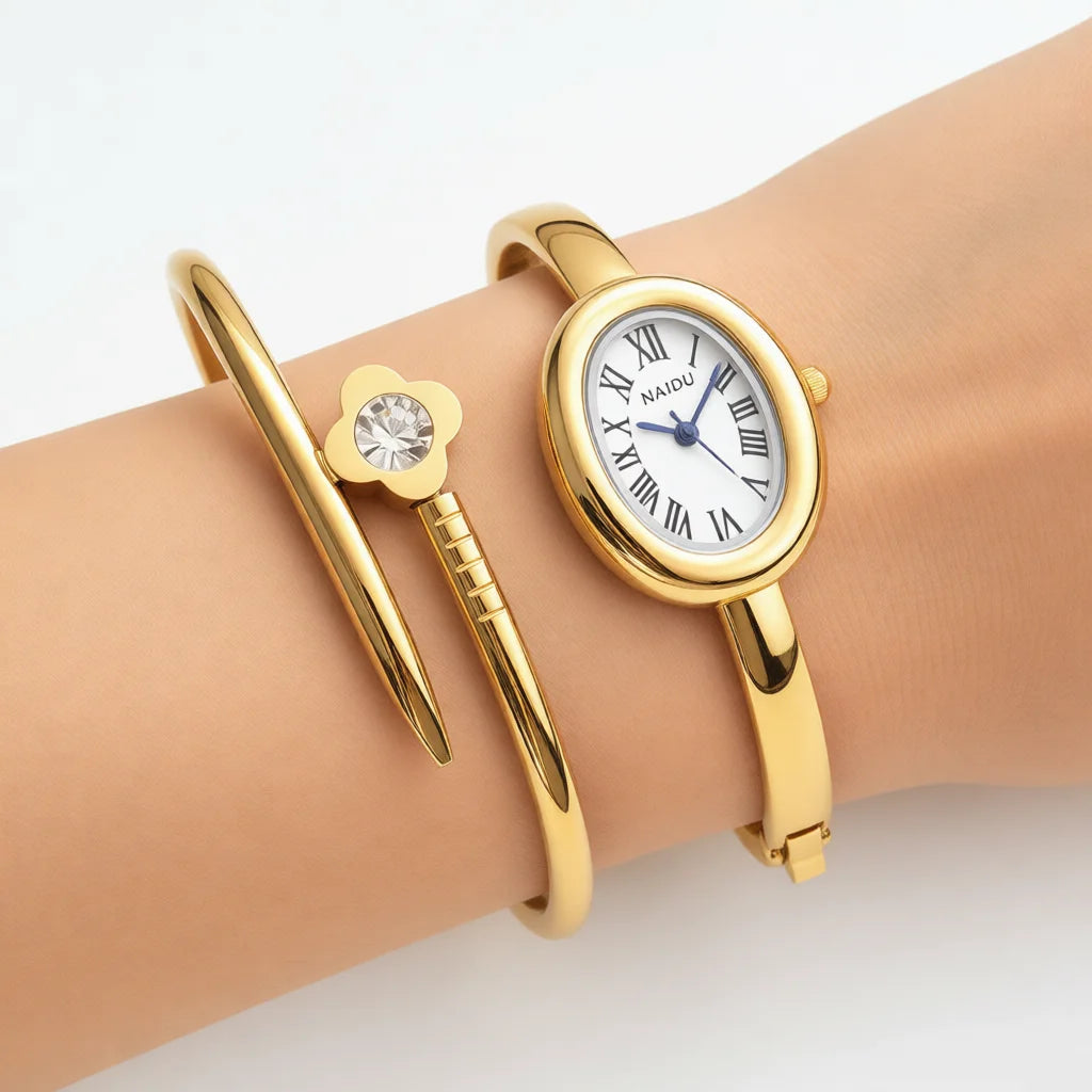 Coffret 2 montres femme Quartz, bracelet acier offert