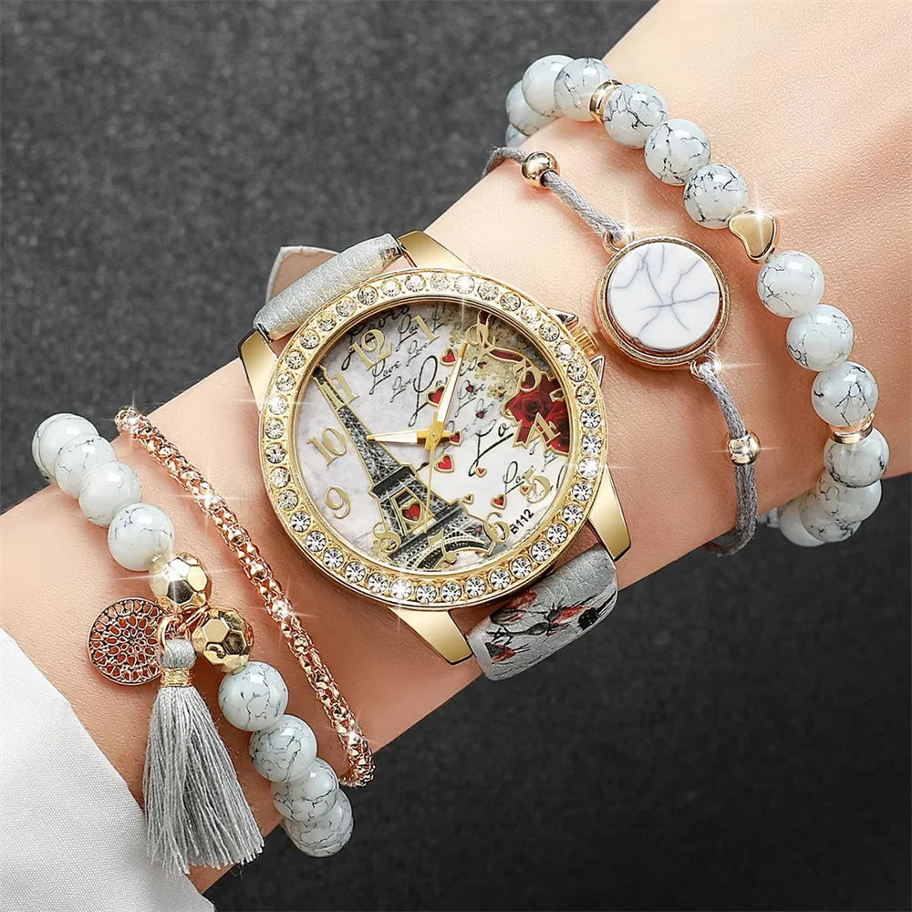 Coffret montre et bracelet perles femme – 5 pièces, quartz rétro