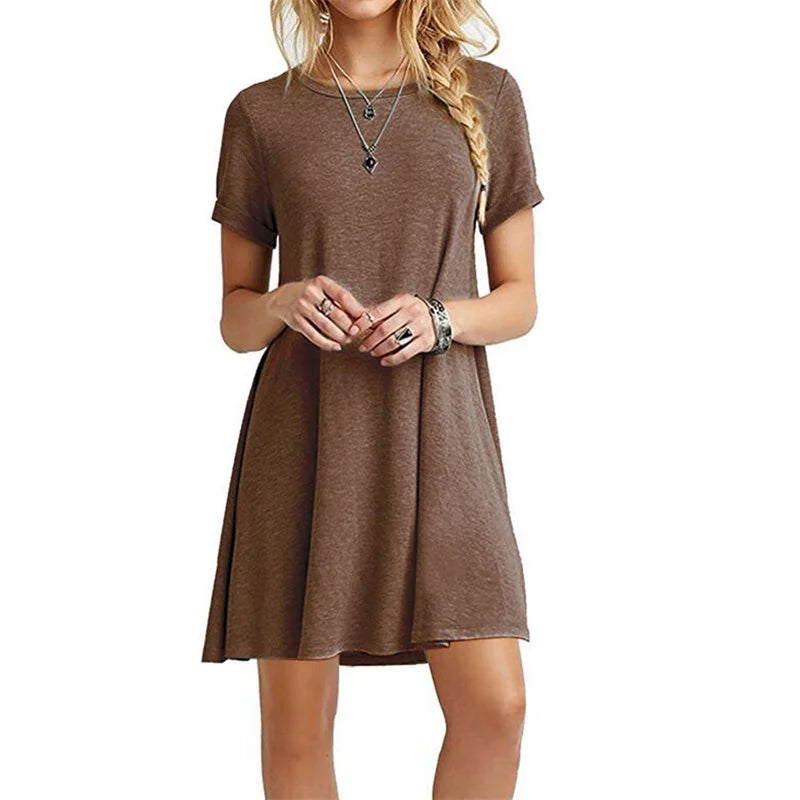Robe Bohème Femme – Col Rond, Manches Courtes, Style Plage