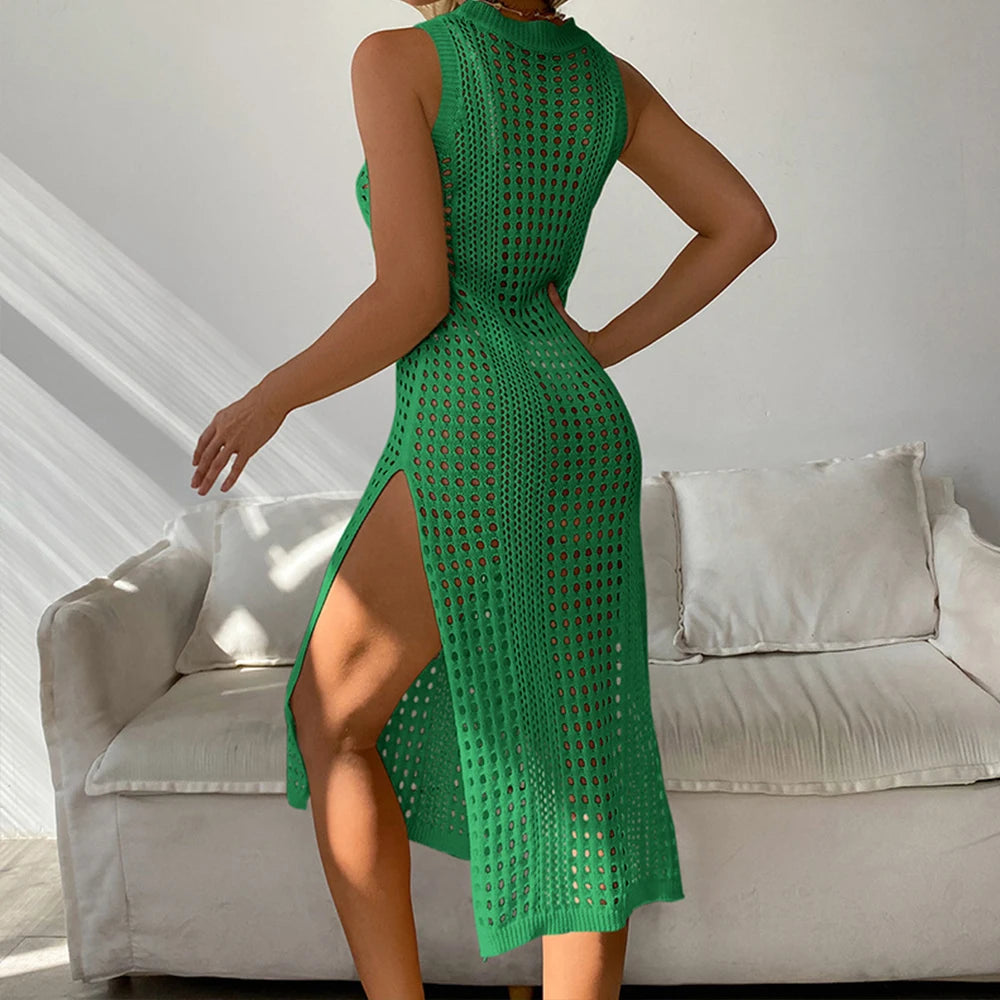 Robe de plage – Crochet Ajouré Sans Manches À Fente Latérale -Plusieurs coloris
