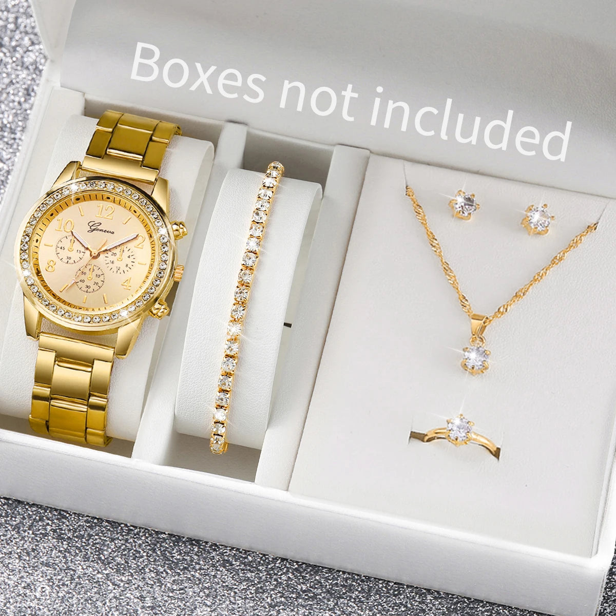 Coffret montre et bijoux femme – 6 pièces, quartz, strass – Plusieurs coloris