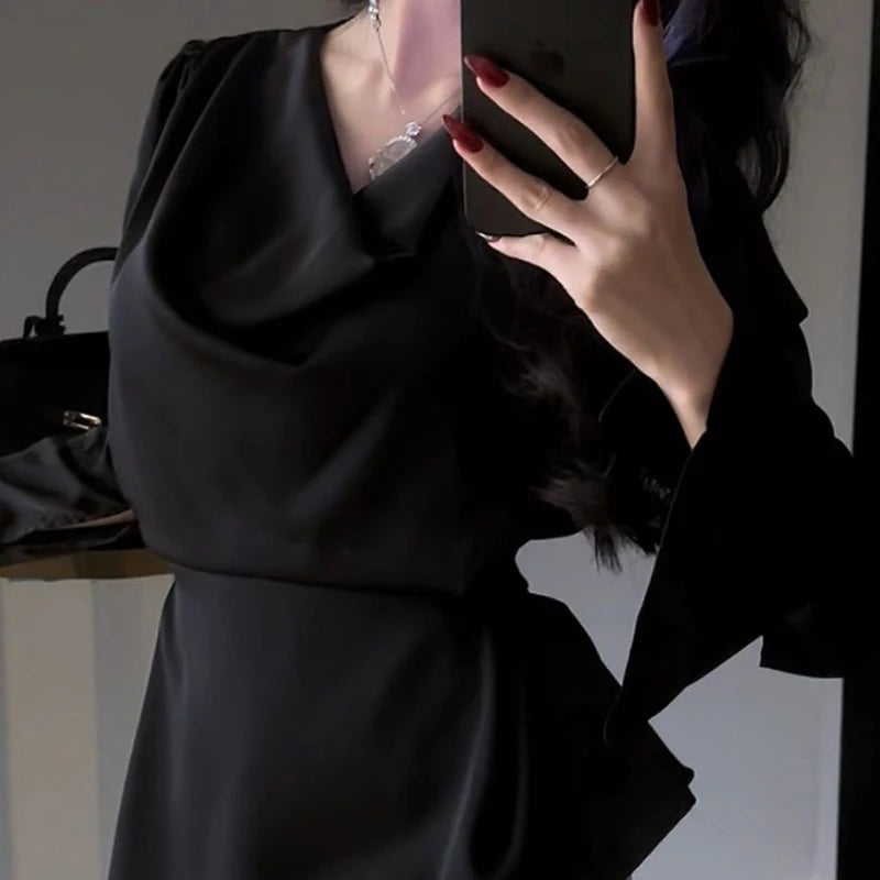 Chemisier French chic femme Satin, col swing, manches longues, ceinture taille