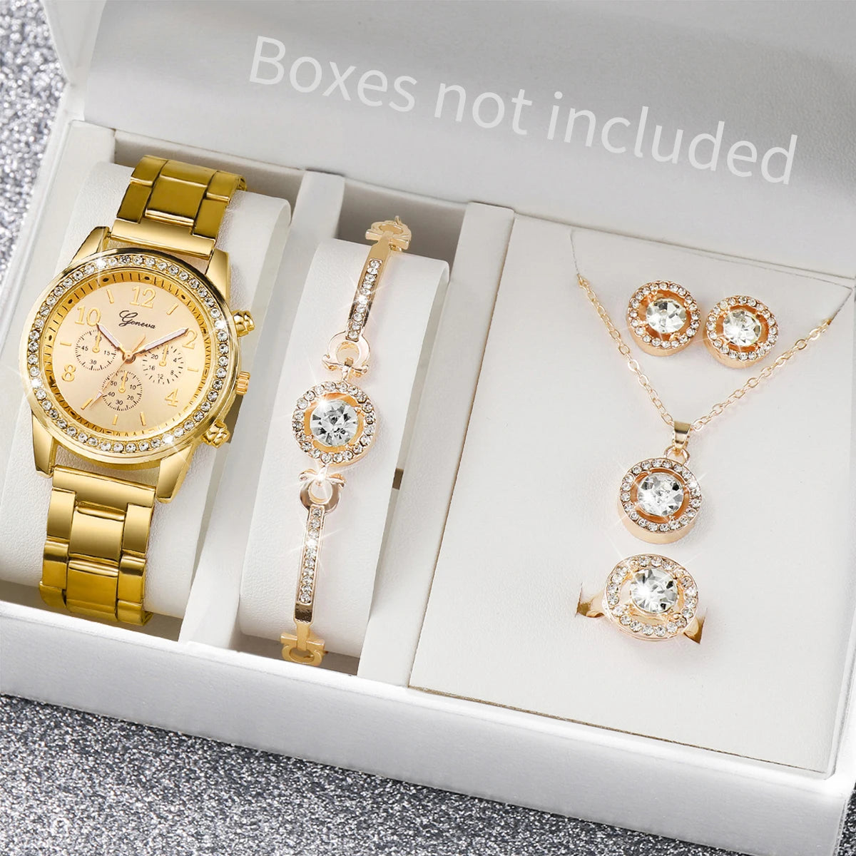 Coffret montre et bijoux femme – 6 pièces, quartz, strass – Plusieurs coloris
