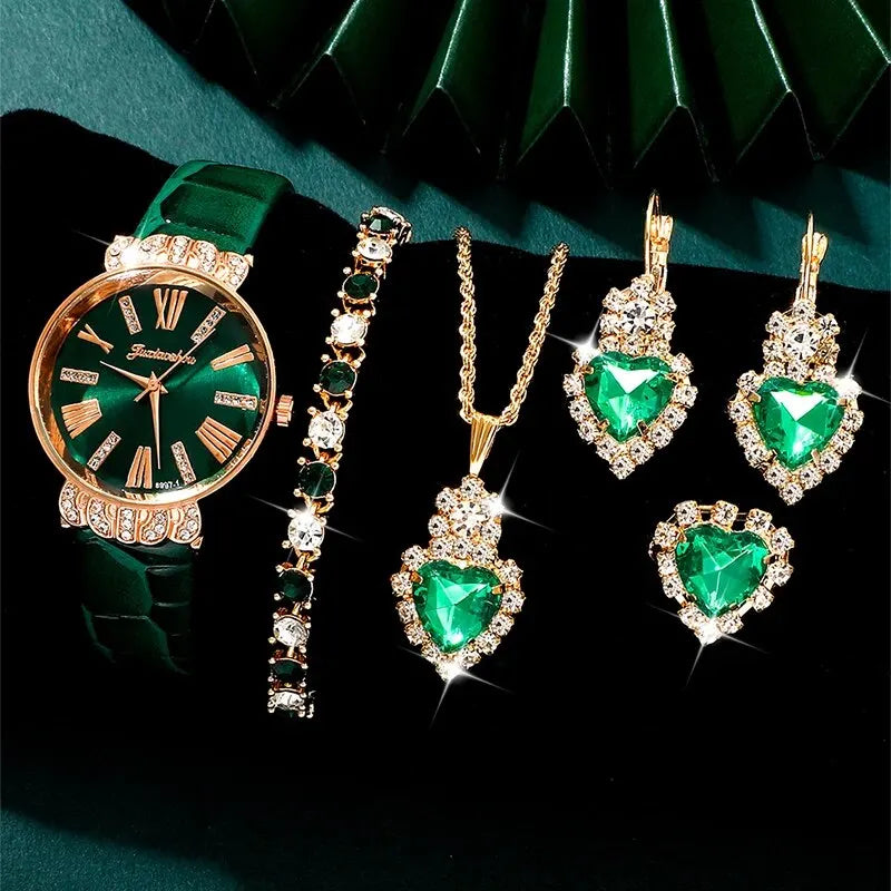 Coffret luxe femme – Montre cœur pêche + bracelet cuir vert + collier + boucles d'oreilles