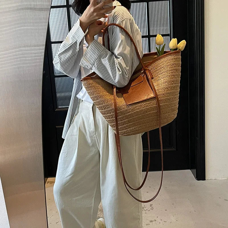 Sac tissé en paille – Fourre-tout plage été – Plusieurs coloris