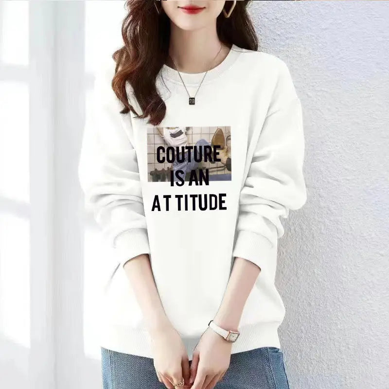 Sweat-shirt femme col rond  Imprimé lettrage, manches longues, style Harajuku emo