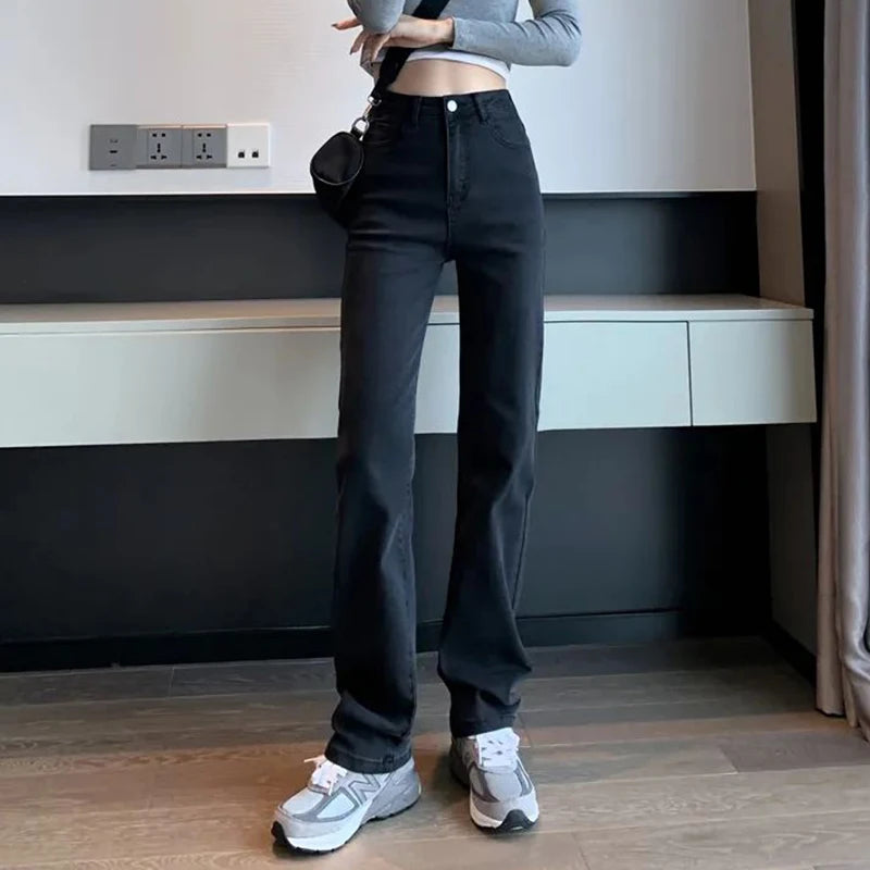 Jean droit slim femme Taille haute, coupe étroite