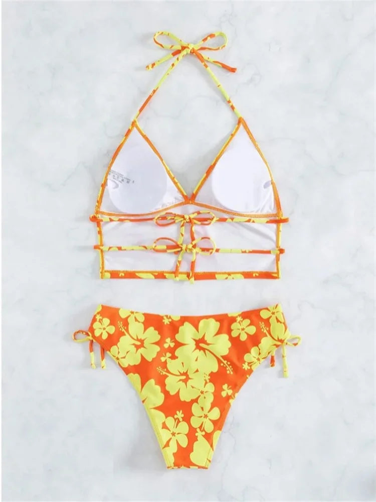 Bikini Femme Fleuri Licou – Haut Push-Up & Bas Taille Haute -Plusieurs coloris