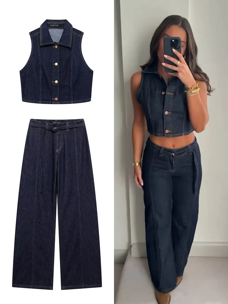 Ensemble denim femme – Veste col cranté simple boutonnage, pantalon taille haute large