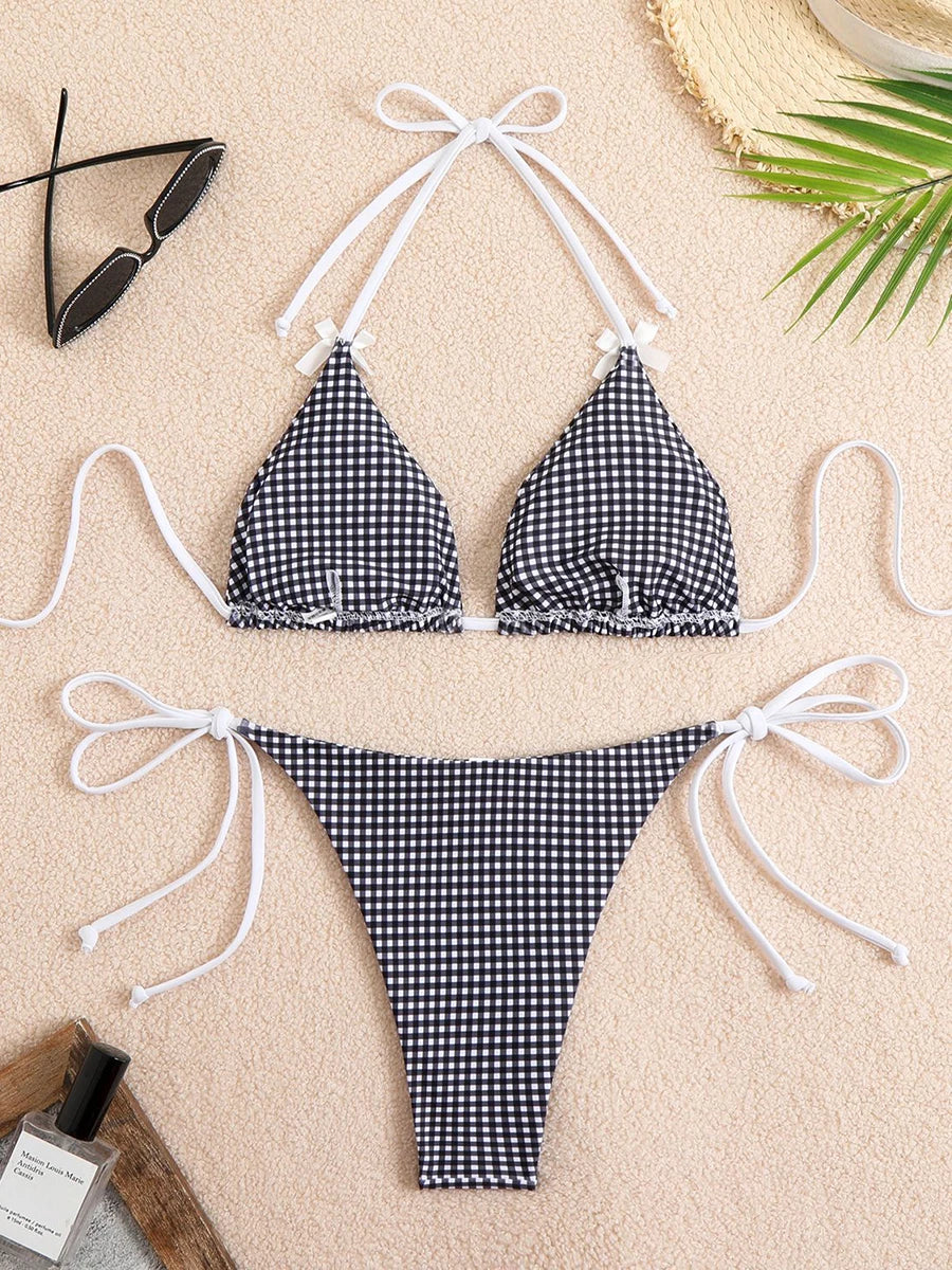 Bikini 2 Pièces – Halter & String Motif Petits Carreaux -Plusieurs coloris