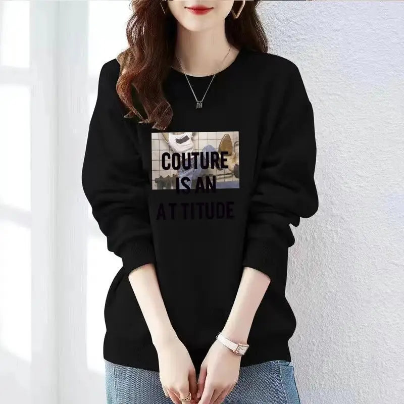 Sweat-shirt femme col rond  Imprimé lettrage, manches longues, style Harajuku emo