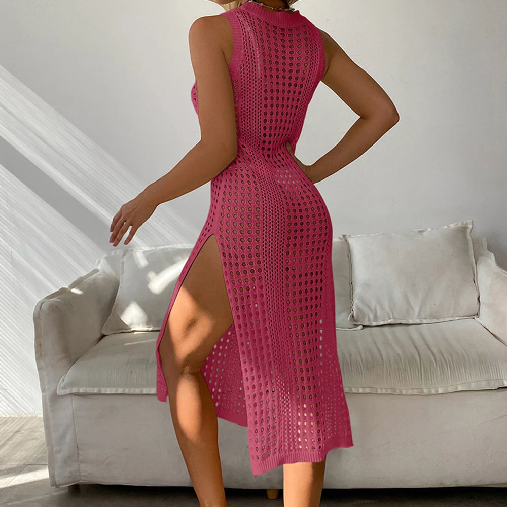 Robe de plage – Crochet Ajouré Sans Manches À Fente Latérale -Plusieurs coloris