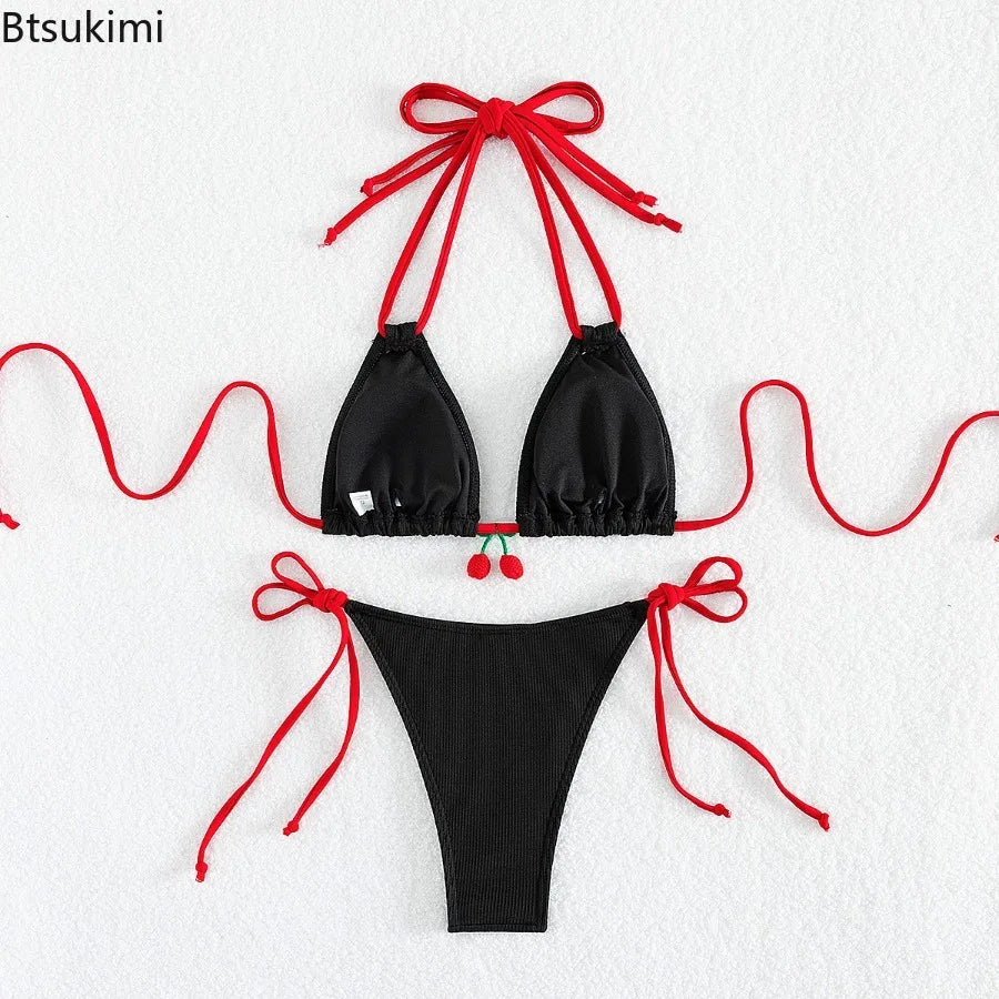 Bikini cerise à Laçage & Taille Haute – Noir ou  Blanc cerise