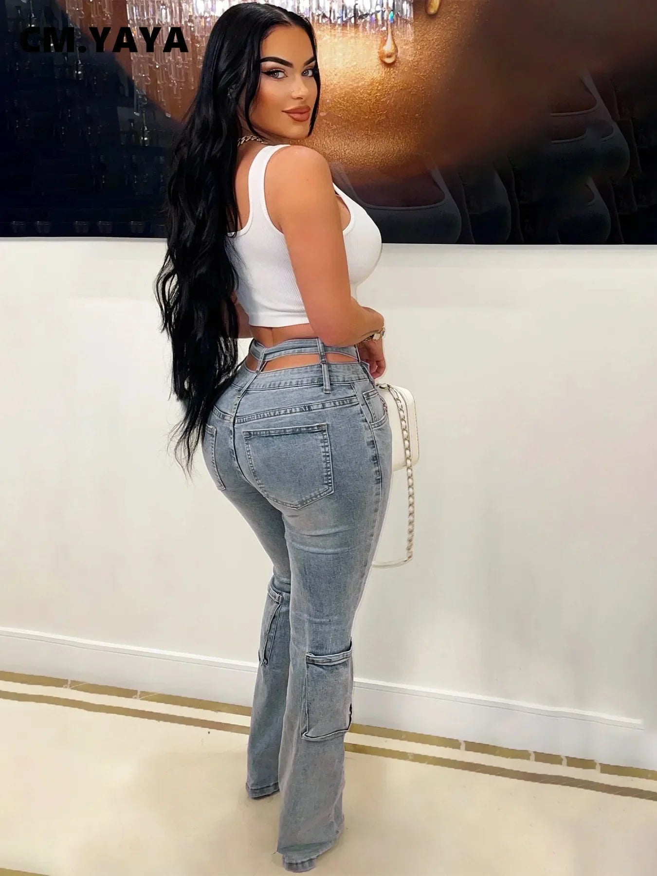 Jean cargo femme Large, taille croisée, poches, zippé, effet lavé