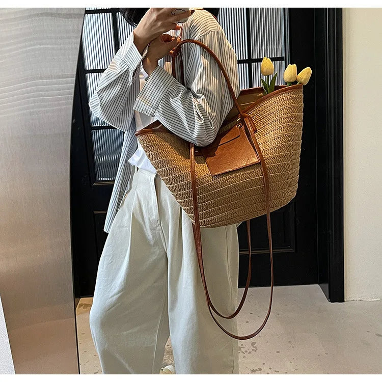 Sac tissé en paille – Fourre-tout plage été – Plusieurs coloris