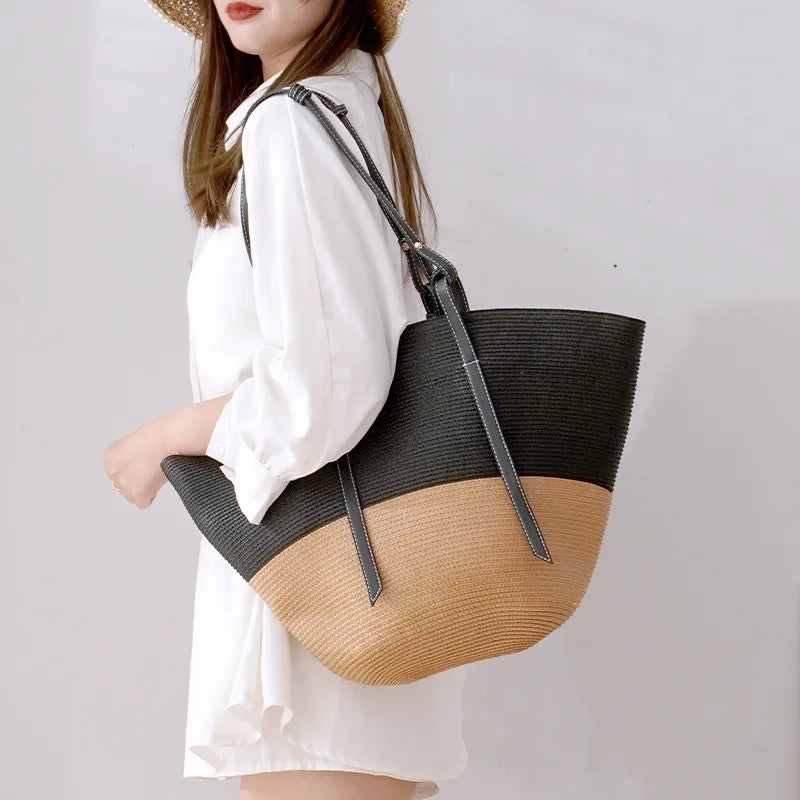 Sac en paille tressé  – Grande capacité, plage & shopping