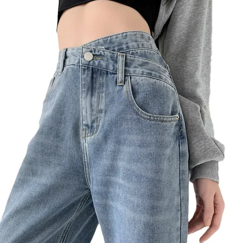 Jean Large Femme – Taille Haute Coupe Loose Avec Poches
