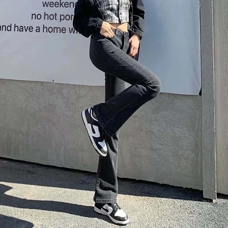 Jean flare vintage femme Taille haute, pattes d'eph, taille élastique