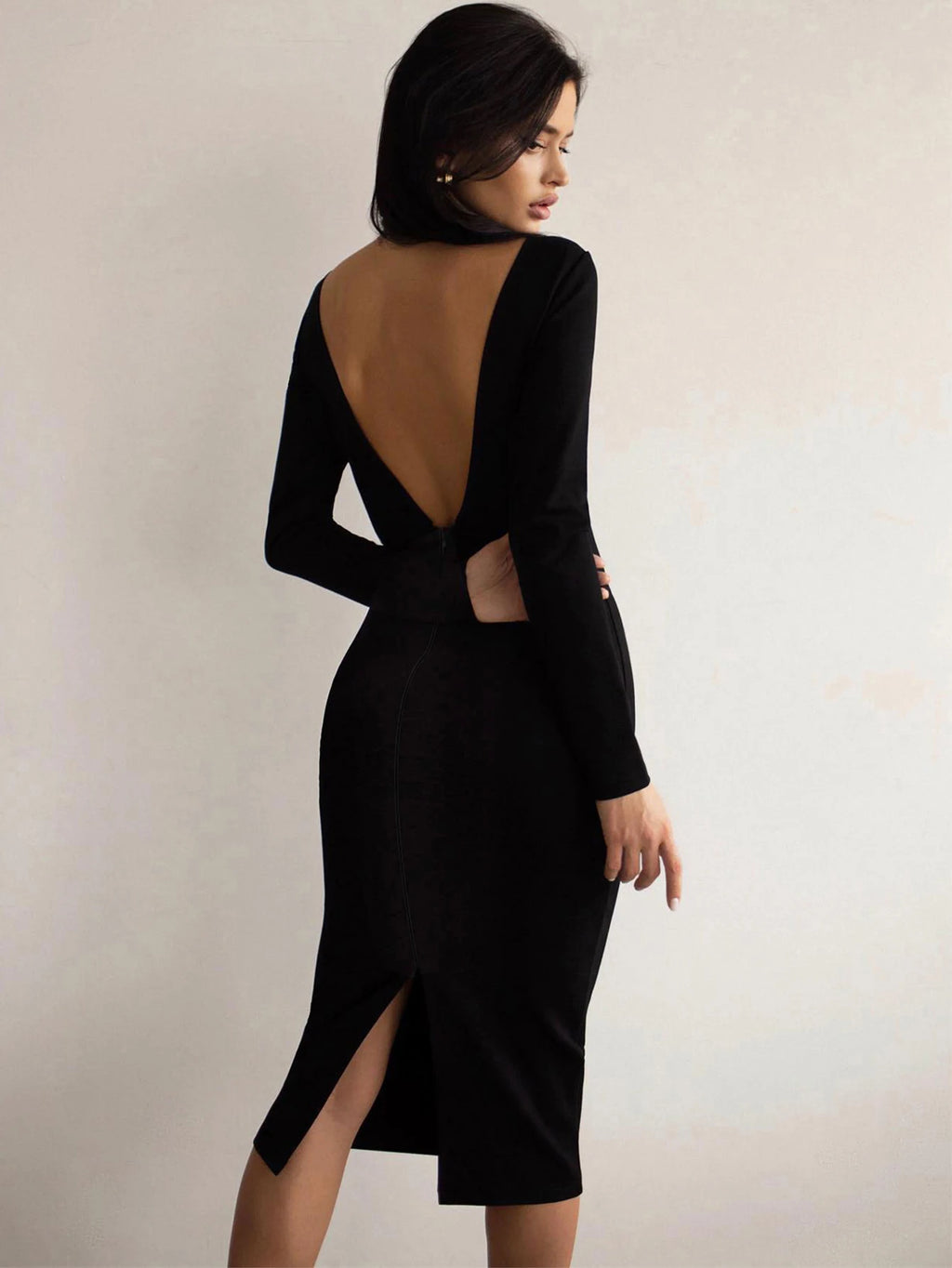 Robe Midi Femme – Noire, Dos Nu, Manches Longues