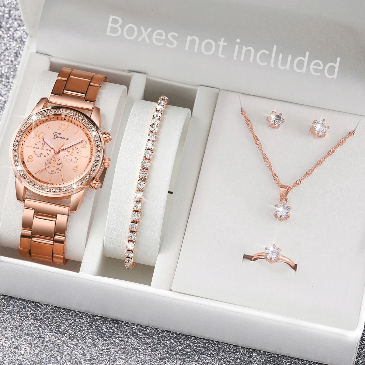 Coffret montre et bijoux femme – 6 pièces, quartz, strass – Plusieurs coloris
