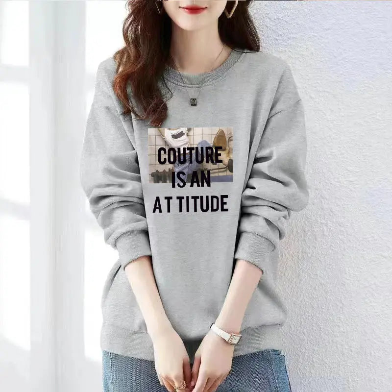 Sweat-shirt femme col rond  Imprimé lettrage, manches longues, style Harajuku emo