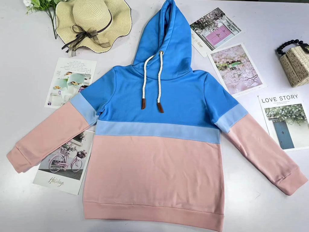 Sweat-shirt femme col haut à capuche – Coutures contrastées – Plusieurs coloris