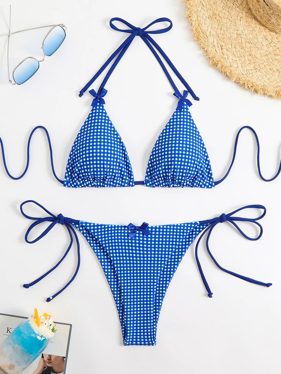 Bikini 2 Pièces – Halter & String Motif Petits Carreaux -Plusieurs coloris