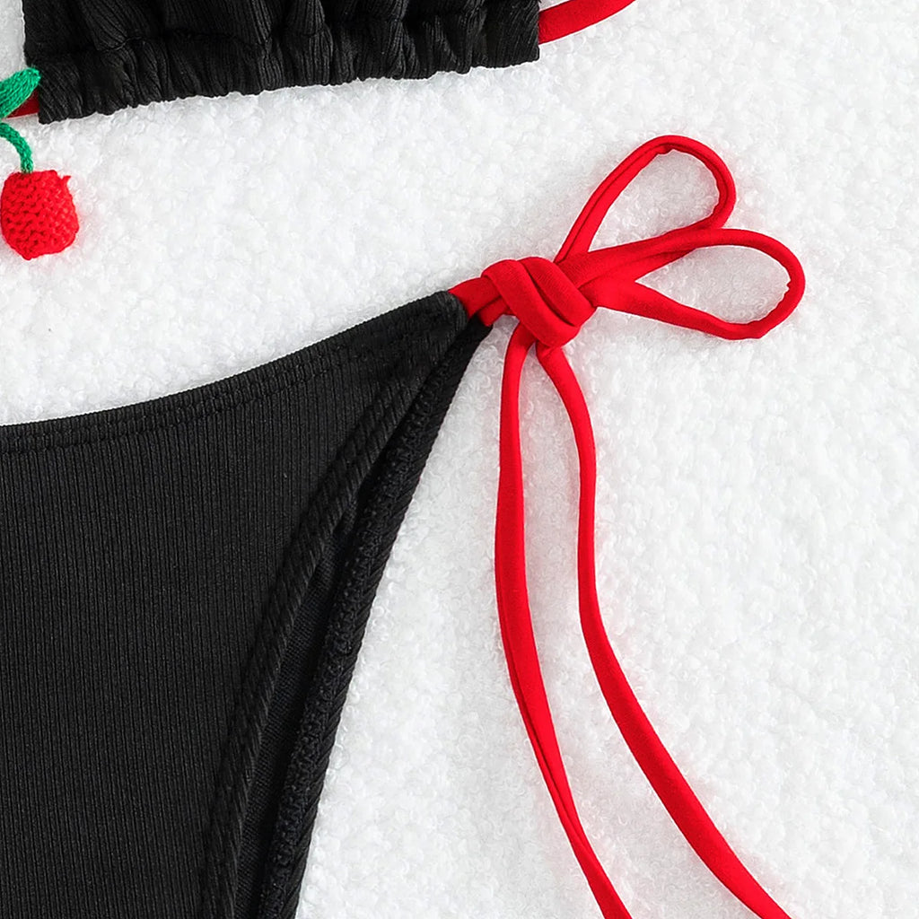 Bikini cerise à Laçage & Taille Haute – Noir ou  Blanc cerise