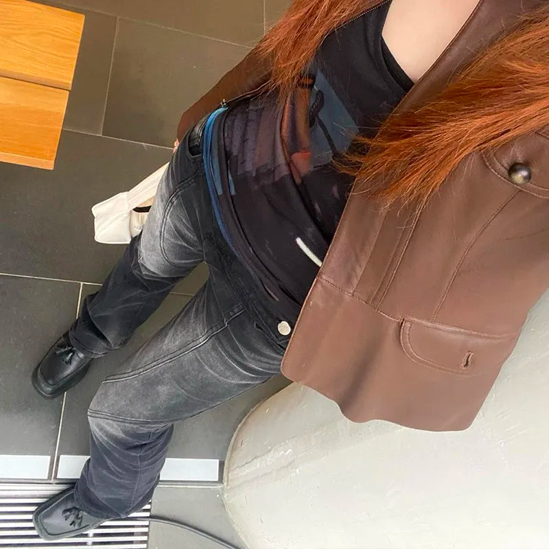 Jean taille basse vintage Noir flare, effet usé, taille asymétrique – Style grunge Kpop streetwear