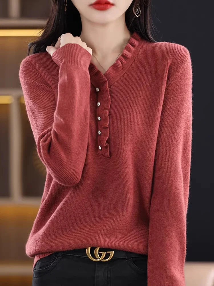 Haut en Maille Femme – Col V, Manches Longues & Grande Taille
